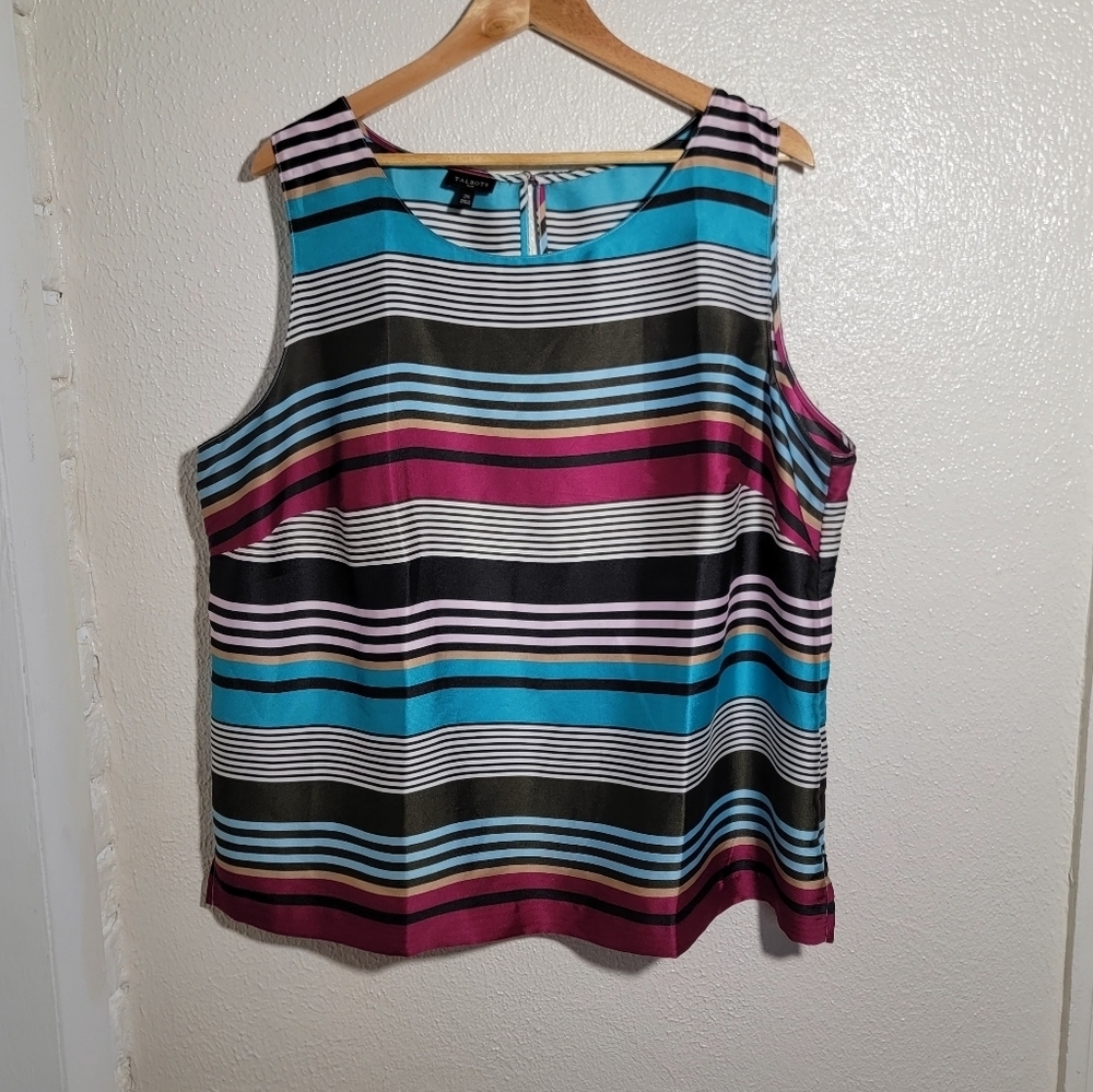 Talbots Satin Striped Tank Blouse sz 2X Purple Black Blue Office Luxury Sleek